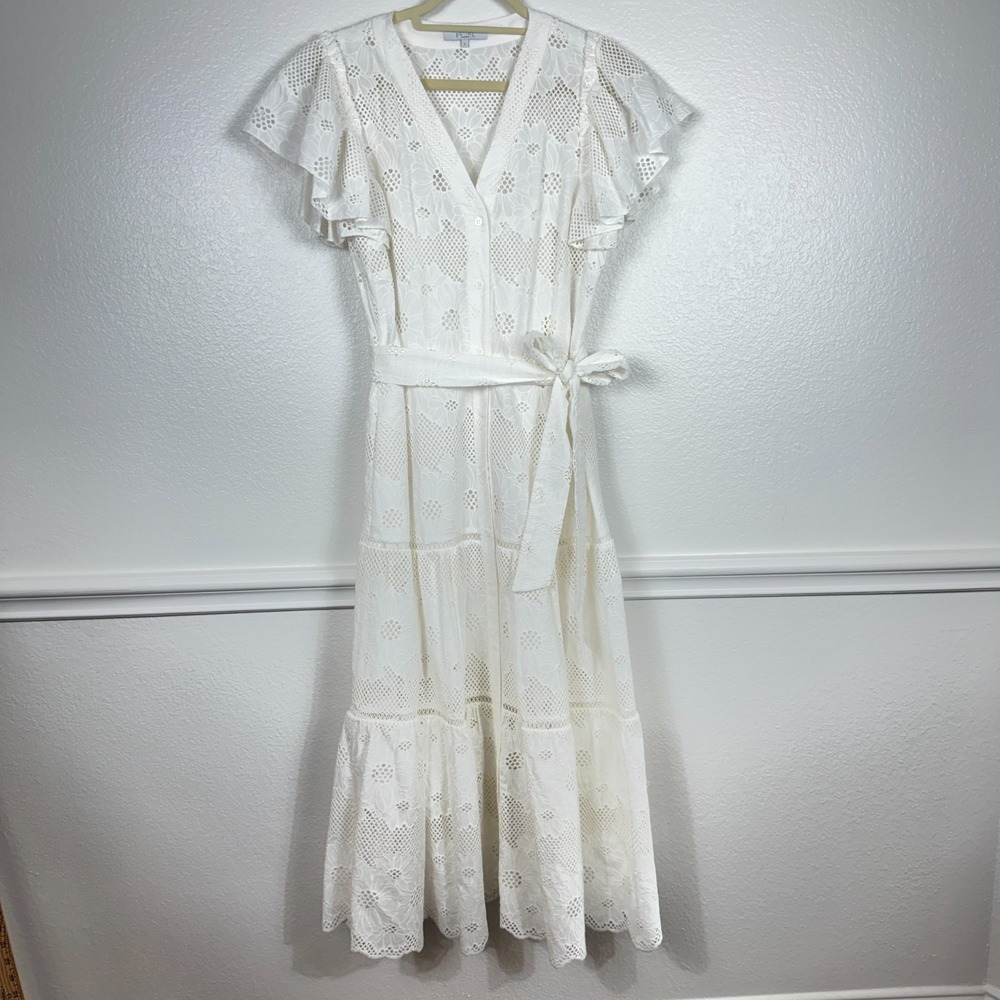 Pearl by Lela Rose White Eyelet Lace Flutter Sleeve V-Neck Belted  Size L Cotton